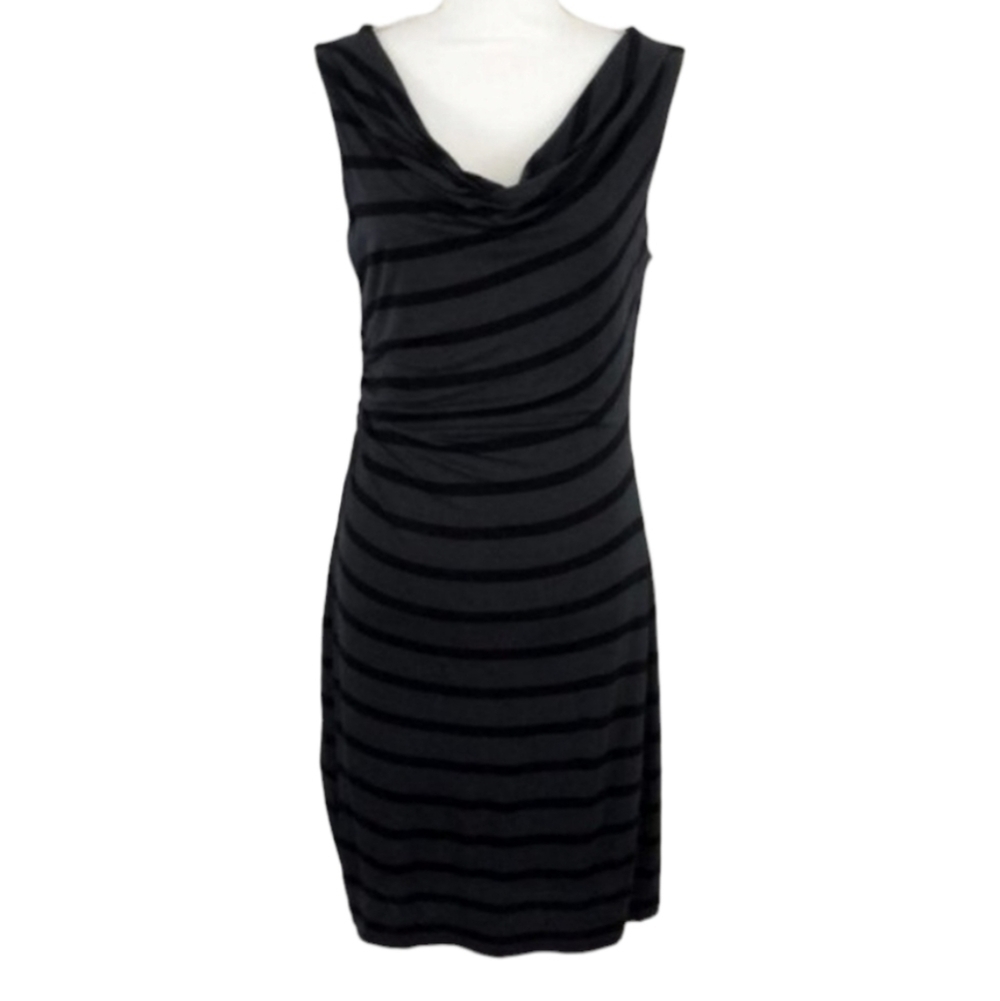 Ann Taylor Loft Dress Striped Sleeveless Jersey Knit Knee Length Ruched Cowl S